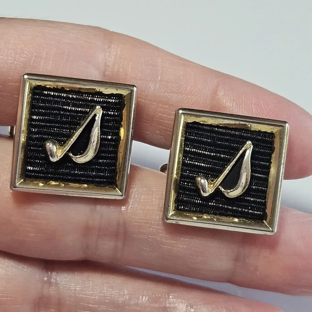 *Sale* Gold Tone Black Vintage 1960's Signed Anson Musical Note Cuff Links